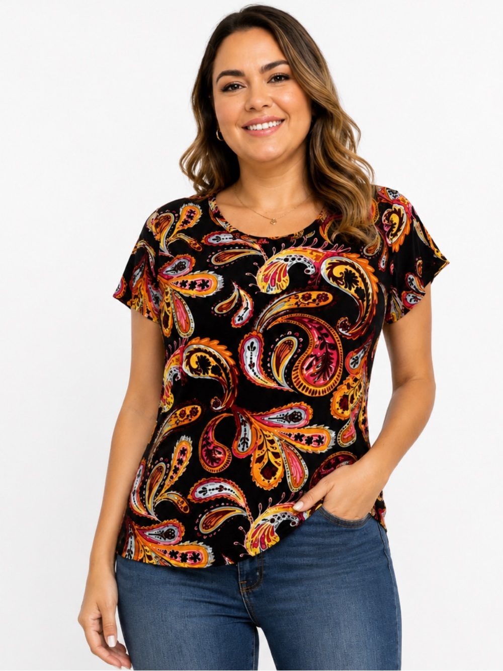 BY design 100% Cotton Paisley Print Short Sleeve Top‎ Black Multicolor - Size XL